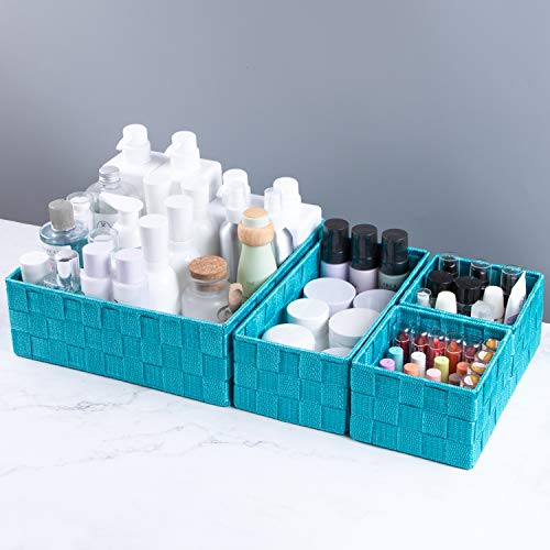 Woven Storage Baskets for Organizing, Small Black Baskets Cube Bin Container Tote Organizer Divider for Drawer, Closet, Shelf, Dresser, Set of 4(Aqua) - view 3
