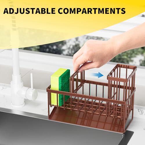 Kitchen Sink Caddy, Sponge Holder for Kitchen Sink, Kitchen Sink Organzier and Storage with High Brush Holder, Rustproof 304 Stainless Gadgets Sink Accessories(Brown) - view 5