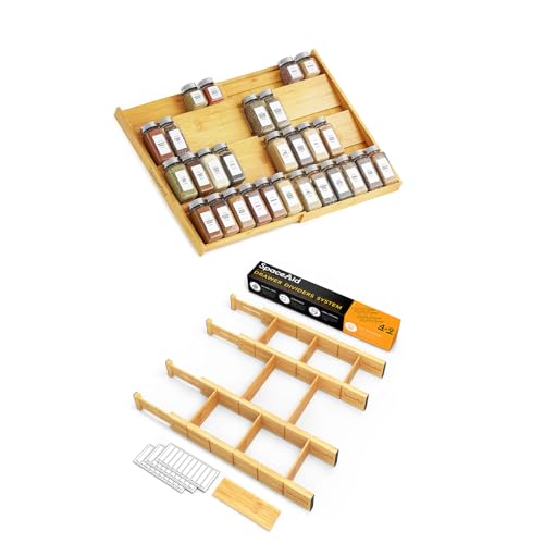 Bamboo Spice Drawer Organizer and Bamboo Drawer Dividers with Inserts and Labels, Kitchen Adjustable Drawer Organizers