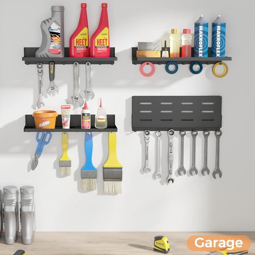 Folding Shelf with Hooks Wall Mount, Laundry Room Metal Shelves, Fold Up 90° and 8 Hooks, Foldable Storage Wall Shelf for Rv, Utility Room, Garage, Space Saving, Black（17.0", 2 Pack） - view 6