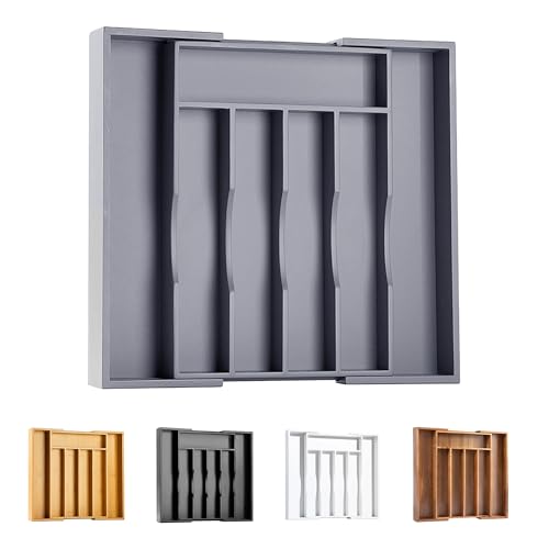 Kitchen Silverware Drawer Organizer and Storage Bamboo Wood Cooking Utensil Holder Cutlery Knife Jewelry Spice Rack Spoon Fork Multi Cabinet Organization Bathroom Counter Expandable Adjustable Tray