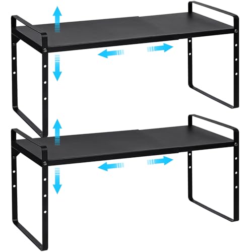 15.5 to 25.5 Inch Expandable Kitchen Cabinet Organizer Shelf, 2 Pack 30 LBS Heavy Duty Adjustable Kitchen Counter Storage Shelves Organizers,Stackable Small Storage Shelf Rack For Cabinet Cupboard