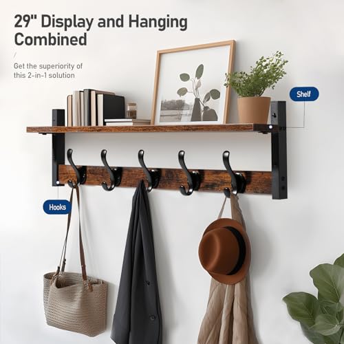29" Rustic Coat Rack Wall Mount with Shelf, Entryway Wall Hooks with Shelf, Coat Hangers for Bathroom, Living Room, Bedroom, Rustic Black - view 2