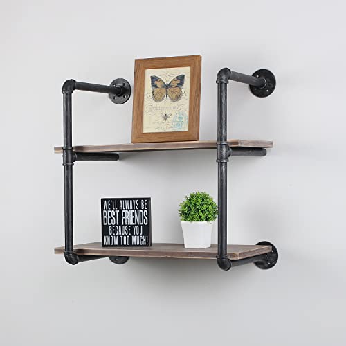 Industrial Pipe Shelving Wall Mounted,24in Rustic Metal Floating Shelves,Steampunk Real Wood Book Shelves,Wall Shelf Unit Bookshelf Hanging Wall Shelves,Farmhouse Kitchen Bar Shelving(2 Tier) - view 6