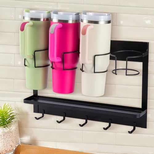 Water Bottle Organizer Holder, Magnetic Cup Rack Storage for Stanley & Large Tumbler, Space Saving Wall Mount Bottle Organizer with 5 Hook, Easy to Install, Black - view 6