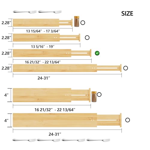 Bamboo Expandable Drawer Dividers – Fits 16.6"–22" Drawers, 2" High, Set of 4 | Spring-Loaded Bamboo Separator for Kitchen Island, Bathroom Vanity & Dresser Drawers - view 2
