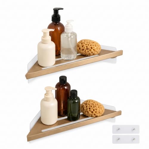 Corner Shower Shelf, 8 Inch Champagne gold 2-PACK Bathroom Corner Organizer, Adhesive Wall Mounted Shower Caddy, Waterproof Rustproof Metal Storage Rack for Shampoo Soap