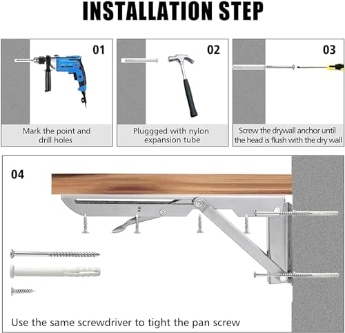 Folding Shelf Brackets 12 inch 4 Pcs Max. Load 220lb - Heavy Duty Stainless Steel DIY Wall Mounted Collapsible Shelf Bracket, Space Saving for Garage Workstation, Stuff Supports, Table, Workbench - view 6