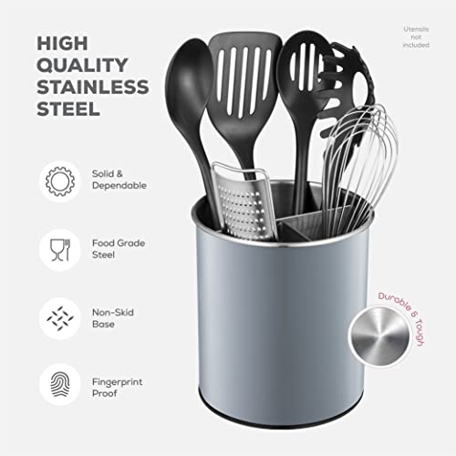 Rotating Utensil Crock with Weighted Base for Stability, Stainless Steel Utensil Caddy with Removable Divider, Modern Lava Gray - view 5