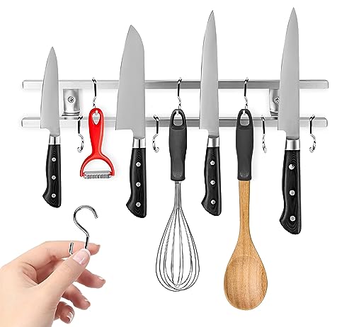 (16 Inch Stainless Steel Metal Magnetic Knife Holder, Wall Mount Double Bar with 8 Hooks - Multipurpose Knife Magnetic Strip, Utensil Hanger, and Kitchen Storage Rack Magnet