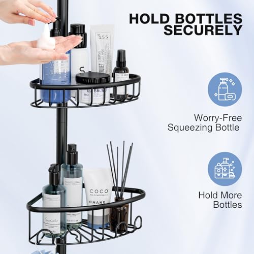 Corner Shower Caddy Tension Pole: Stainless Steel Rustproof 4-Tier Shower Organizer - 47-121 inch Adjustable Bathroom Shelves for Bathtub Shampoo Storage - Tension Rod Floor Standing Bath Rack - Black - view 4