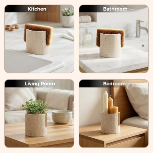 Natural Travertine Sponge Holder for Kitchen Sink, Wabi-Sabi Stone Sink Caddy Organizer, Instant Drying Marble Sponge Rack, Minimalist Aesthetic Decor & Housewarming Gift, Beige Porous Stone - view 6