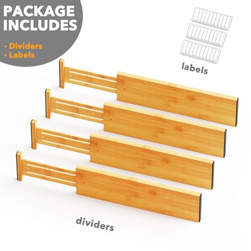 Bamboo 4 Pack Dresser Drawer Dividers, 4.65“ High Adjustable 17“-22” Drawer Organizers, Expandable Organization for Clothing, Clothes, Dressers, Natural - view 7