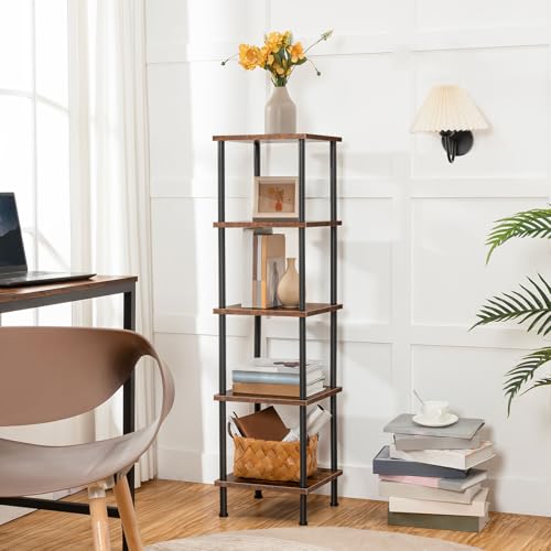 5-Tier Corner Shelf Stand, Corner Square Rack Display Shelf, Tall Storage Plant Stand, Bookcase for Small Spaces, Living Room, Home Office, Kitchen, Rustic Brown and Black BF50CJ01 - view 2