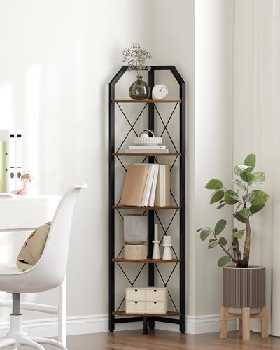 59.4" Corner Shelf, 5-Tier Industrial Corner Bookshelf, Corner Storage Stand, Plant Stand Display Shelf, Bookcase for Bedroom, Living Room, Home Office, Rustic Brown and Black TCJ10BF - view 3