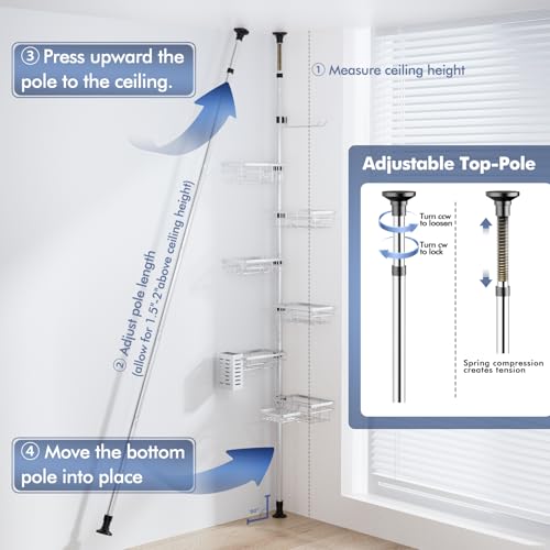 Shower Caddy Corner Tension Pole,Stainless Steel Shelves Bathroom Organizer - view 5