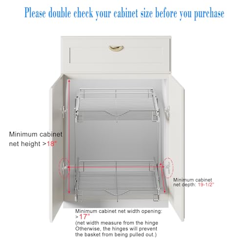 2 Tier Pull Out Cabinet Organizer (17" W x 18" D) Heavy-Duty Metal Sliding Drawer Shelf, Two Tier Pull Out Shelves for Kitchen Cabinets, Pantry, Bathroom, Chrome Finish - view 4