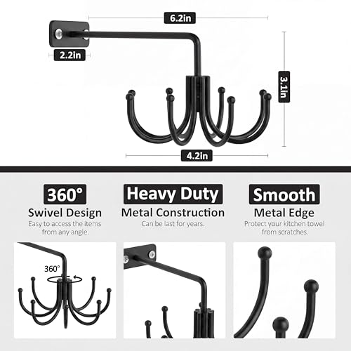 Kitchen Cooking Utensil Holder, 360° Rotating Kitchen Hooks for Hanging Utensils, Heavy Duty Metal Utensil Rack with 8 Storage Capacity for Utensil, Towel, Pot, Glove, Aprons, Black - view 4