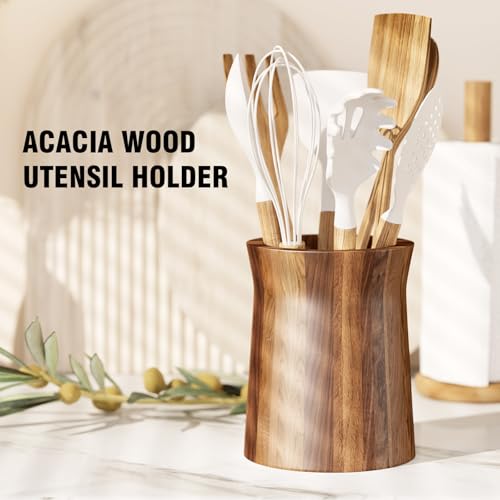 7.2" Utensil Holder for Kitchen Counter Large Round Utensils Holder with Wooden Base Matte Black Cooking Utensil Holder，Kitchen Countertop Utensil Organizer (Wooden) - view 6
