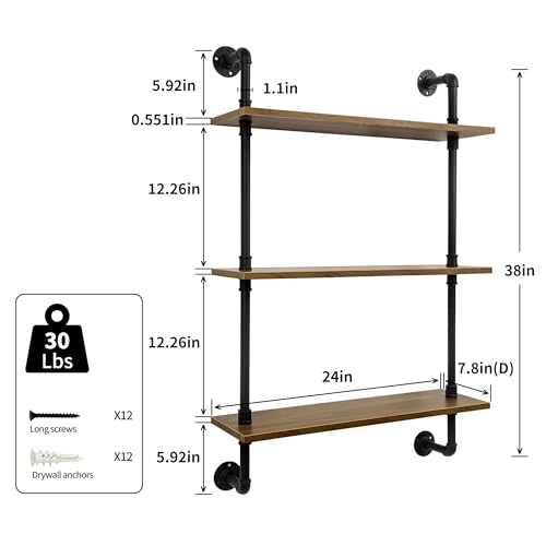 3-Tier Industrial Pipe Floating Shelf – Rustic 24 inch Wood Wall-Mounted Storage Shelf for Kitchen Office,Bathroom & Home Decor -Walnut - view 3