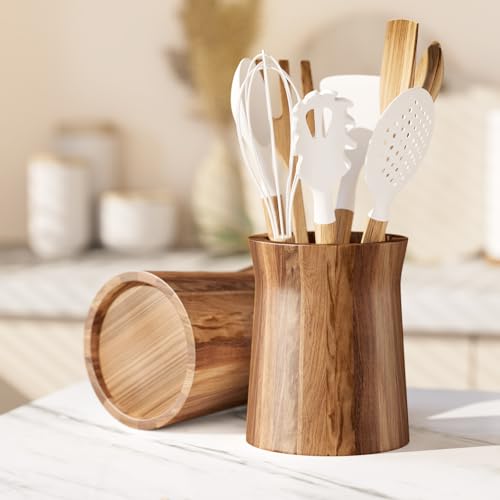 7.2" Utensil Holder for Kitchen Counter Large Round Utensils Holder with Wooden Base Matte Black Cooking Utensil Holder，Kitchen Countertop Utensil Organizer (Wooden) - view 3
