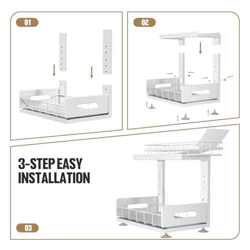 Under Sink Organizer Upgrade To Professional Rails,2-Tier Dual Pull Out Cabinet Storage,Height Adjustable Slide Out Drawers For Bathroom Kitchen,2 Pack-14.5" Dx12.8-16.9" H,White - view 5