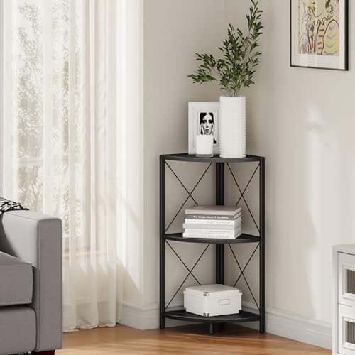 Corner Shelf with Metal Frame, 3 Tier Corner Storage Organizer, Freestanding Corner Bookshelf Stand Display Rack for Kitchen, Living Room, Black - view 2