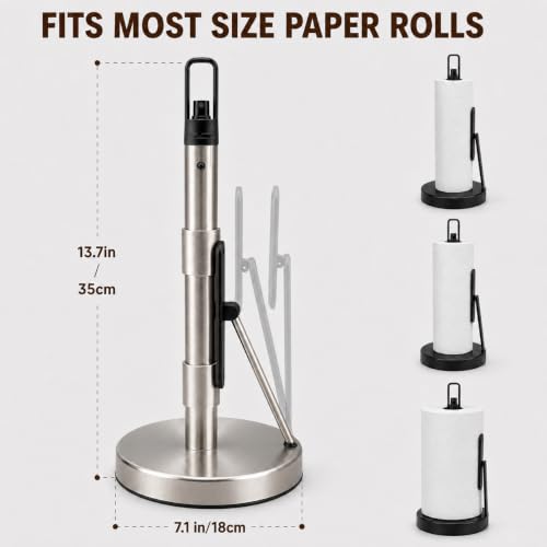 Paper Towel Holder with Spray Pump, All-in-One Countertop Paper Towel Stand with Refillable Bottle, One-Handed Tear Kitchen Roll Holder, Weighted Base, Brushed Stainless Steel(Chrome) - view 3