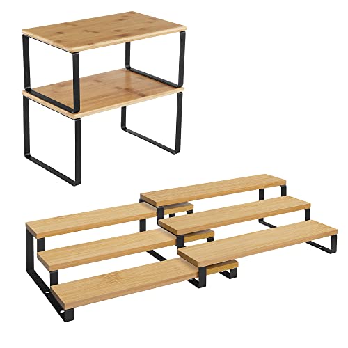 Bamboo Shelf Organizers and Spice Racks Bundle, 2 Sets of 2 Cabinet Organizers, for Kitchen Organization, Natural and Black UKCS02NB and UKCS016N01