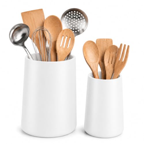 Utensil Holder – 7" Tall x 5.2" Diameter Kitchen Utensil Organizer for Countertop (Matte White, 2 Pack)