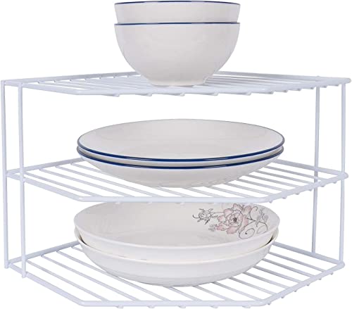 3-Tier Corner Shelf Counter and Cabinet Organizer -Countertop Organizer - Cabinet Corner Rack for Plate - Cabinet & Pantry Kitchen Organization (White)