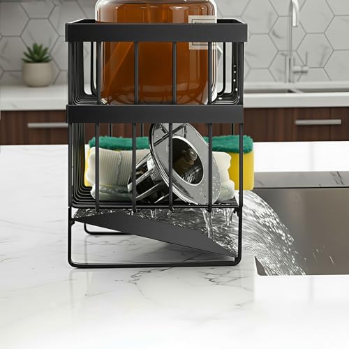 Kitchen Sink Organizer Caddy, 2 Tier Sink Caddy Organizer with High Brush Holder, Rust-Proof Countertop Rack (Black 10.6 * 4.3 * 5.7") for Kitchen Accessories & Dish Brushes - view 5