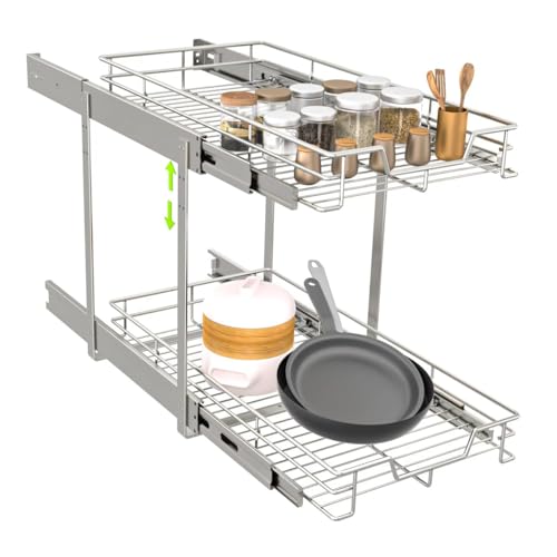 Pull Out Cabinet Organizer 11.5" W x 21" D, 2-Tier Kitchen Cabinet Pullout Shelf and Drawer Organizer Slide Out Pantry Storage Basket, 10.2" W x 21" D x 2.4" H for Bottom Basket Size