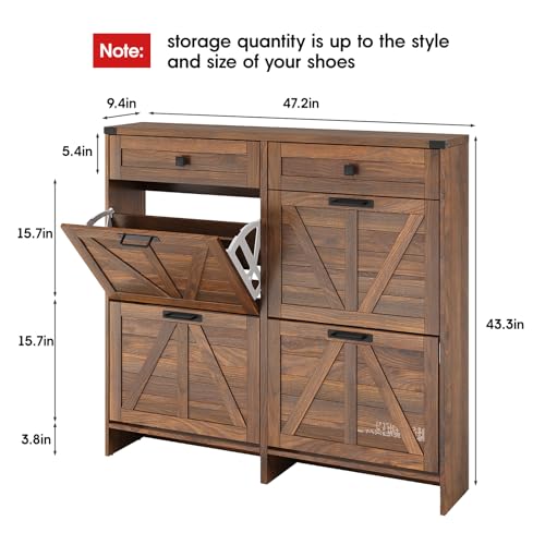 Shoe Cabinet with 4 Flip Drawers & 2 Drawers,Farmhouse Shoe Storage Cabinet for Entryway,Slim Freestanding Organizer Rack for Front Door Entrance,Dark Walnut - view 2
