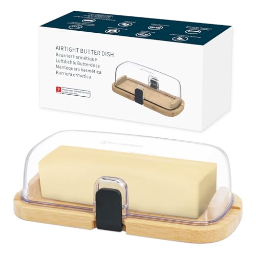 Bamboo One-handed Airtight Butter Dish with Lid for Countertop and Refrigerator Door Shelf, Butter Holder with One Press to Open/Close Latching Buckle for West/East Coast Butter