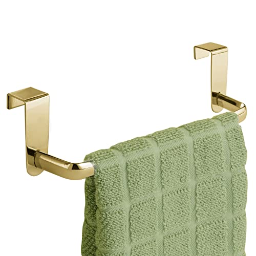 Steel Metal Wire Over Cabinet Towel Rack Storage Organizer - Hang on Cabinet or Door - Towel Bar Holder for Kitchen - Holds Hand Towels, Washcloths - Spira Collection - Soft Brass