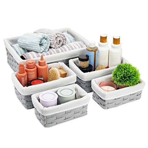Wicker Nesting Baskets with Cloth Lining - 5-Pack Gray Rectangular Set - Stackable Storage Bins & Lined Baskets for Organizing Pantry, Closet - view 6
