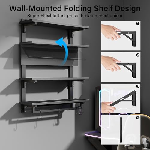 24" Foldable Gaming Floating Shelves with LED Lights, 4 Tier Display Rack with Adjustable Shelf, Wall Mounted Shelf with Hanging Rod and 8 S-Hooks for Gaming Room, Black - view 5