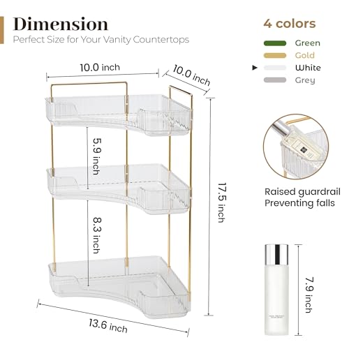 Corner Bathroom Counter Organizer, Bathroom Countertop Shelf Makeup Storage, Clear Perfume Tray Holder (3 Tiers, White) - view 3