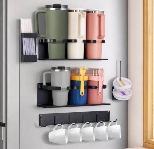 Fiber-Steel Magnetic Stanley Cup Holder for Fridge – 5-Piece Tumbler & Lid Organizer Set with Straw Rack & Hook Rail, Water Bottle Storage, Stanley Cup Accessories for Kitchen & Pantry