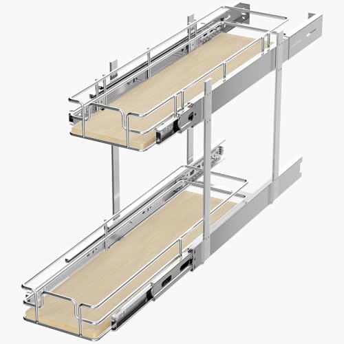 2 Tier Individual Pull Out Cabinet Organizer 7½"W x 21½"D, Slide Out Wood Shelves Organizers, Pull Out Drawers Organization and Storage for Kitchen Cabinet