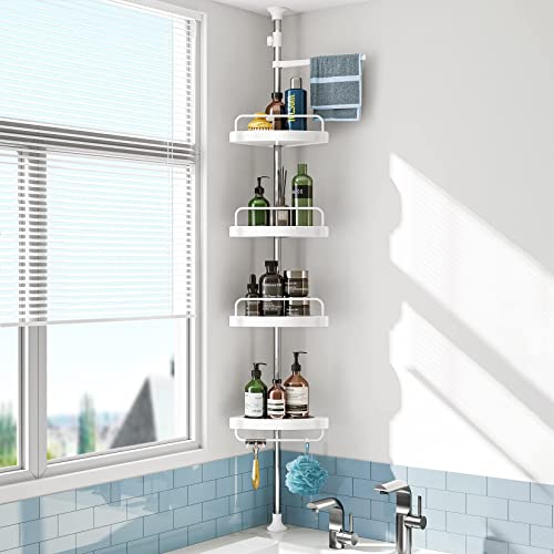 Corner Shower Caddy Tension Pole: Adjustable Stainless Steel Shower Organizer with 4 Tier Shelf for Bathroom Bathtub Tub Shampoo - Floor Standing Rack Bath Storage Holder with Rust Proof Rods