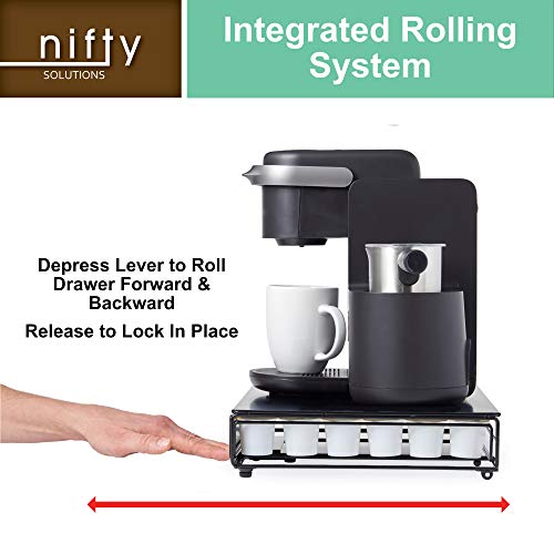 Nifty Rolling Coffee Pod Drawer - Glass Top & Chrome Finish, Compatible with K-Cups, 36 Pod Pack Holder, Compact Under Coffee Pot Storage Drawer, Slim Home Kitchen Counter Organizer - view 5