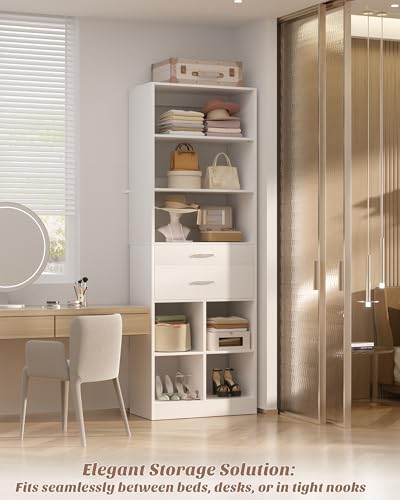 22" Closet System with Drawers, Small Closet Organizer for Walk in Closet, Wardrobe Storage Unit with Storage and Shelves, White - view 2