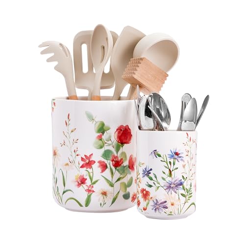 Summer Provence Ceramic Utensil Holder Crock Set of 2, 7+5 in