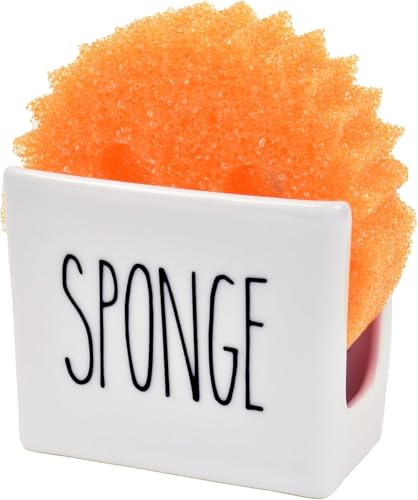 Porcelain Sponge Holder for Kitchen Sink. Compact Sink Caddy Organizer - Scrub Daddy Compatible Dish Sponge Holder. Ceramic Black and White Kitchen Decor and Cute Kitchen Accessories