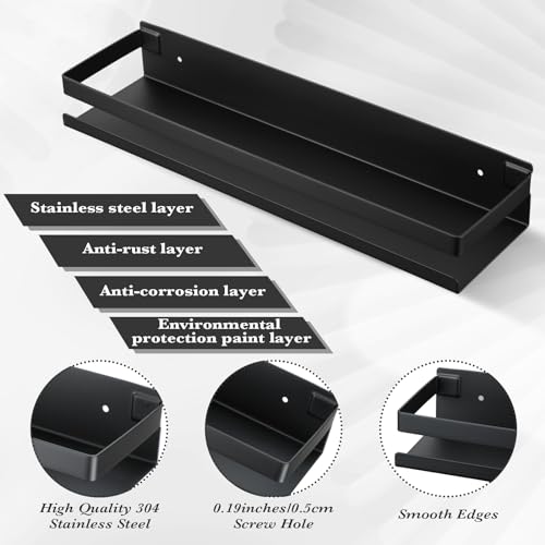 2 Pieces Stainless Steel Shelf Bathroom Shower Floating Shelves Wall Mounted Shower Caddy Basket Shelf Storage Organizer Shelves for Bathroom, Kitchen, Living Room(15.75 Inch/ 40 cm,Black) - view 4