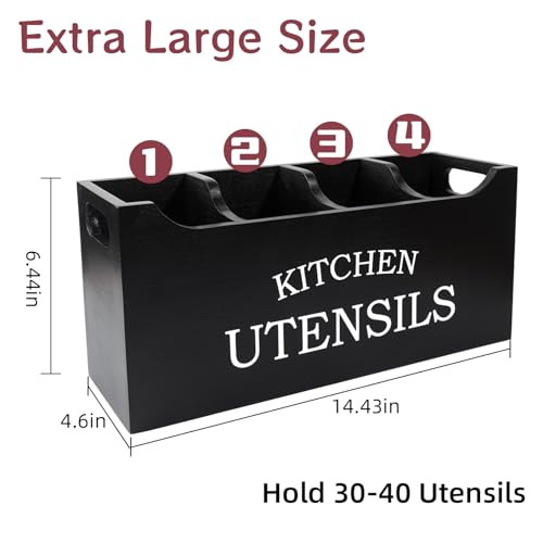 Utensil Holder for Kitchen Counter, Wood Extra Large 4 Compartments Kitchen Utensil Holder with Drainage Bottom for Countertop, Farmhouse Cooking Tools Organizer for Spatula, Black - view 4