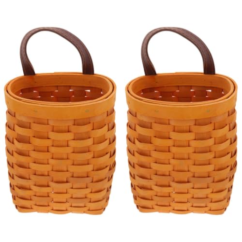 2pcs Woven Hanging Basket Wood PU Handle Decor 15.5x12.5x9.5cm