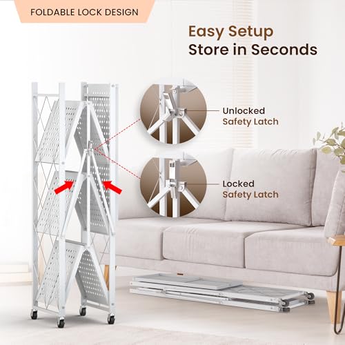 4-Tier Foldable Storage Shelf with Wheels | Metal Rack Collapsible Shelving Display | Rolling Cart for Books Kitchen Storage Shelves | Pantry & Closet Organizer | Office Room Decor - view 4